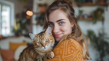 ai generato donna abbracciare gatto su divano nel vivente camera foto