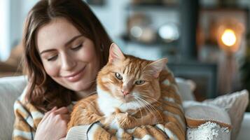 ai generato donna abbracciare gatto su divano nel vivente camera foto