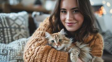 ai generato donna abbracciare gatto su divano nel vivente camera foto