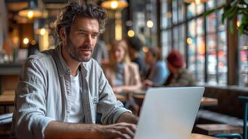 ai generato uomo Lavorando su il computer portatile nel bar, sfocatura persone nel sfondo foto