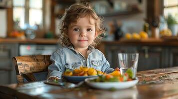 ai generato un' poco ragazzo avendo un' prima colazione nel un' cucina nel il mattina foto