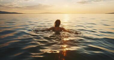 ai generato un' sereno scena di un' donna galleggiante con grazia su il mare a tramonto foto