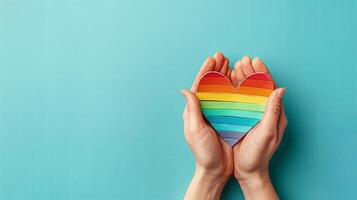 ai generato mani hold cuore nel il colori di un' arcobaleno. lgbt concetto, orgoglio mese. superiore Visualizza, leggero blu sfondo foto