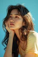 ai generato giovane asiatico bellezza donna, su isolato leggero blu sfondo. luce del sole. foto