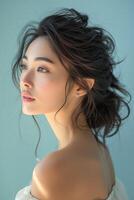 ai generato giovane asiatico bellezza donna, su isolato leggero blu sfondo. foto