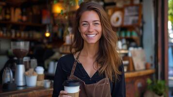 ai generato ritratto di donna Tenere prendere lontano caffè tazza nel davanti di caffè negozio, bar , sorridente e guardare a telecamera, bicchiere di carta caffè foto