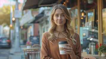 ai generato ritratto di donna Tenere prendere lontano caffè tazza nel davanti di caffè negozio, bar , sorridente e guardare a telecamera, bicchiere di carta caffè foto