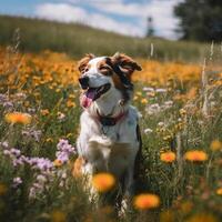 ai generato gioioso cane nel colorato campo pieno di fiori. generativo ai foto