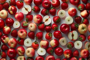 ai generato assortimento di rosso mele e fragole su bianca sfondo. generativo ai foto