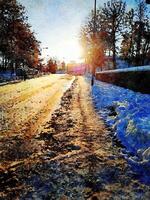 digitale acquerello stile di un' nevoso strada a tramonto nel settentrionale Scandinavia foto