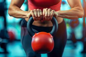 ai generato un' donna utilizzando un' kettlebell per addestramento. generativo ai foto