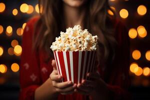 ai generato donna Tenere un' Popcorn scatola, concetto di intrattenimento. ai generativo foto