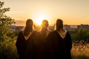 ai generato gruppo di laureati a piedi giù il strada. generativo ai foto