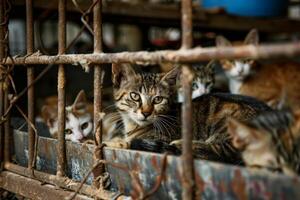 ai generato vicino su triste gatti catturato nel gabbia. generativo ai foto