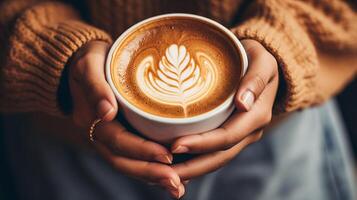 ai generato un' stretto Visualizza di mani stringendo un' boccale di stile cappuccino caffè indicando un' tranquillo, soddisfare umore mentre meditando. foto