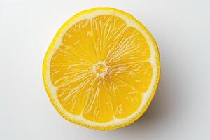 ai generato avvicinamento Visualizza di un' appena affettato Limone su un' bianca sfondo un' vivido e dettagliato avvicinamento Immagine in mostra il struttura e segmenti di un' tagliato a metà Limone foto