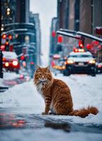 ai generato Zenzero gatto seduta su neve e guardare a telecamera. inverno sfondo. ai generativo foto