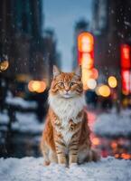 ai generato Zenzero gatto seduta su neve e guardare a telecamera. inverno sfondo. ai generativo foto