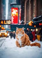 ai generato Zenzero gatto seduta su neve e guardare a telecamera. inverno sfondo. ai generativo foto