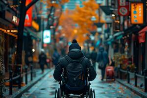 ai generato sedia a rotelle utente navigazione un' vivace città marciapiede, evidenziazione loro integrazione in ogni giorno urbano vita foto