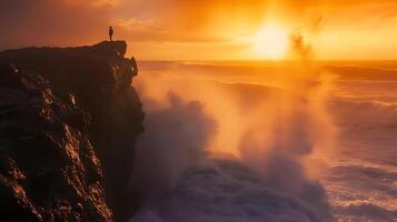 ai generato incrollabile figura facce tramonto Abbracciare una persona determinazione e resilienza su aspro scogliera bordo foto