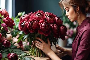 ai generato un' femmina fioraio raccoglie un' mazzo di pioni- fresco tagliare fiori nel scatole e vasi nel un' magazzino e cremagliere per saldi, consegna per il vacanza. molla, marzo 8, Da donna giorno, compleanno. foto