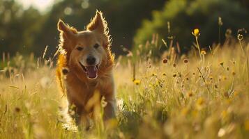 ai generato d'oro cane da riporto beatamente giochi attraverso illuminata dal sole campo catturato nel avvicinamento con 50mm lente foto