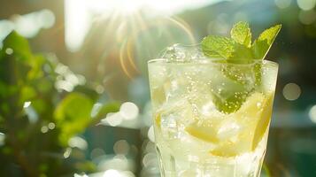 ai generato rinfrescante limonata bicchiere con ghiaccio e agrume catturato nel vivido dettaglio con 50mm lente foto