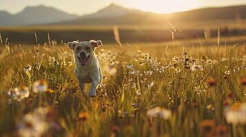 ai generato giocoso labrador cane da riporto giochi attraverso illuminata dal sole prato con fiori selvatici e montagne foto