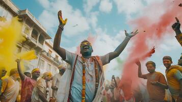 ai generato vivace indù holi Festival gioioso persone lancio colorato polveri nel il aria foto
