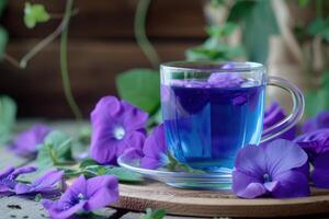 ai generato Clitoria ternatea, erbaceo Tè, viola blu fiore e bevanda . minuscolo bunga telang, generativo ai foto