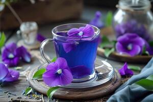 ai generato Clitoria ternatea, erbaceo Tè, viola blu fiore e bevanda . minuscolo bunga telang, generativo ai foto