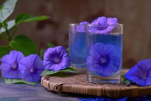 ai generato Clitoria ternatea, erbaceo Tè, viola blu fiore e bevanda . minuscolo bunga telang, generativo ai foto