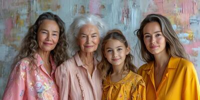 ai generato ritratto di bisnonna, nonna, madre e ragazzo ragazza, contento famiglia di quattro generazioni abbracciare con amore, legame, sorridente. La madre di o internazionale Da donna giorno concetto. foto