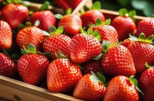 ai generato avvicinamento di legno scatola di delizioso maturo rosso fragole, sfocato sfondo. agroalimentare, raccogliere concetto foto