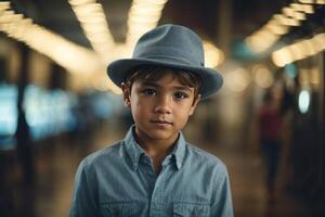 ai generato ragazzo nel un' cappello indossare jeans foto