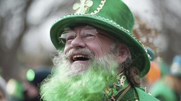 ai generato esaminare il tradizioni Associated con st. Patrick giorno. indossare verde cappello e vestito foto