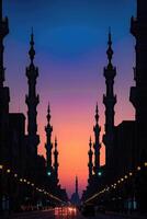 ai generato maestoso tramonto dietro a moschea minareti nel tranquillo sera. foto