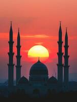 ai generato maestoso tramonto dietro a moschea minareti nel tranquillo sera. foto