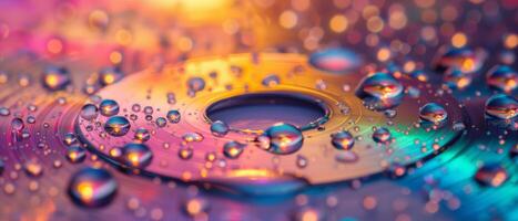 ai generato un' grappolo di acqua goccioline su un' CD con colorato illuminazione, ogni gocciolina recitazione come un' lente per diffrangere il leggero in un' arcobaleno di colori. foto