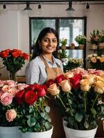 ai generato indiano donna fioraio raccoglie un' mazzo di Rose- fresco tagliare fiori nel scatole e vasi nel magazzino e cremagliere per saldi, consegna per il vacanza. molla, marzo 8, Da donna giorno, compleanno foto