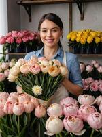 ai generato donna fioraio raccoglie un' mazzo di pioni- fresco tagliare fiori nel scatole e vasi nel fiore negozio e cremagliere per saldi, consegna per il vacanza. molla, marzo 8, Da donna giorno, compleanno foto