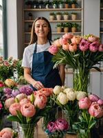 ai generato donna fioraio raccoglie un' mazzo di pioni- fresco tagliare fiori nel scatole e vasi nel fiore negozio e cremagliere per saldi, consegna per il vacanza. molla, marzo 8, Da donna giorno, compleanno foto