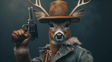 ai generato cervo nel un' elegante cappello brandisce un' arma con fiducia, ai generato foto