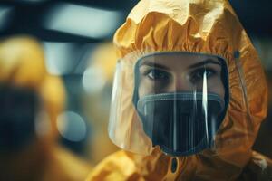 ai generato squadra di scienziati virologo, donna medico nel biochimica protezione giallo uniforme e maschere al chiuso, virus pandemia o quarantena foto