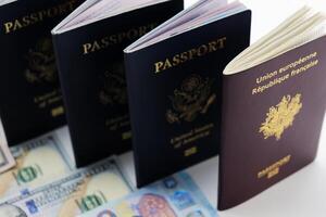 3 unito stati e 1 Francia passaporto su visibile moneta trasparente sfondo foto