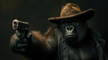 ai generato gorilla nel un' elegante cappello brandisce un' arma con fiducia, ai generato foto