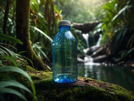 acqua bottiglia su il sfondo di il giungla, foresta, ecologicamente, su il sfondo di un' flusso, cascata. ecologico acqua foto