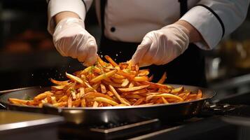 ai generato capocuoco prende su delizioso francese patatine fritte a partire dal il fritto, foto