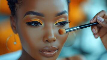 ai generato bellissimo africano americano donna l'applicazione rendere su su sua viso. foto